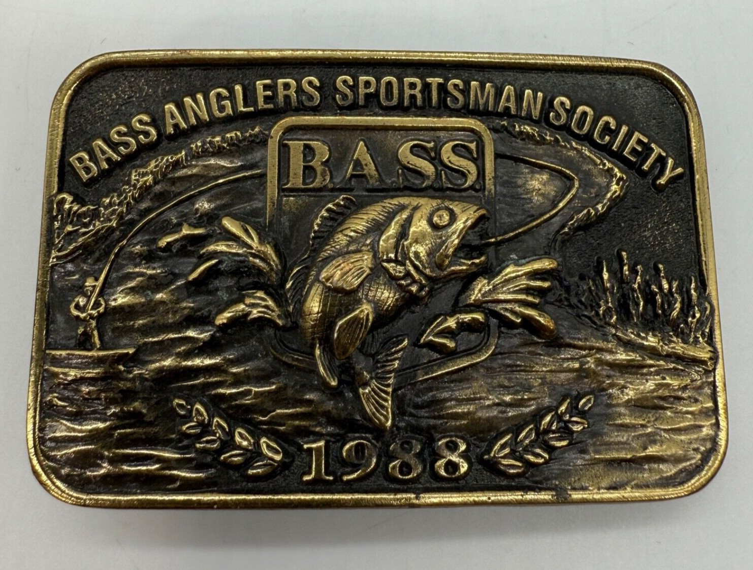 B.A.S.S. Bass Anglers Sportsman Society 1988 Brass Belt Buckle USA Made