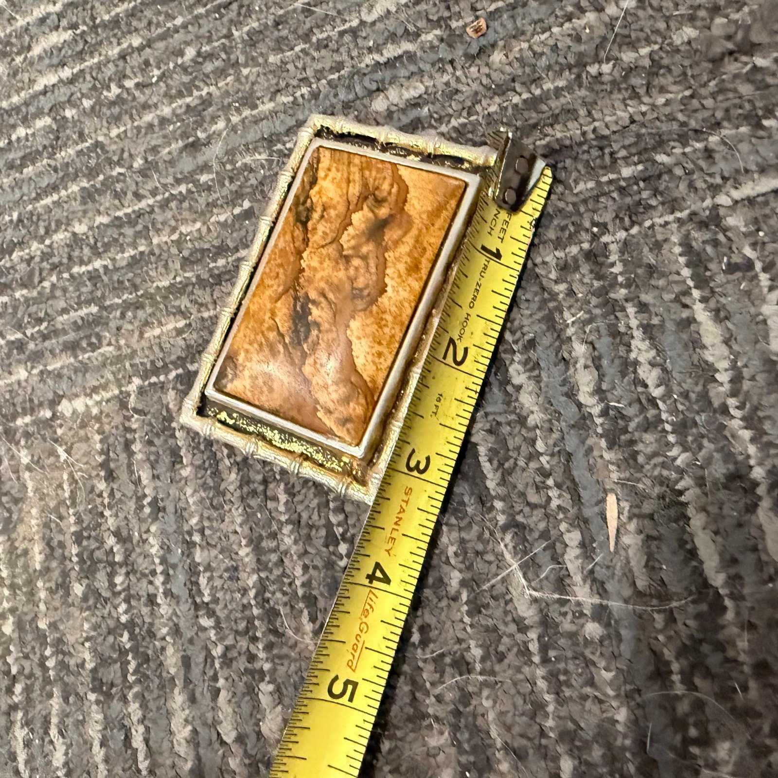 Vintage Gold Tone Metal & Jasper? Stone Belt Buckle W/ Bamboo Style Trim Cowboy