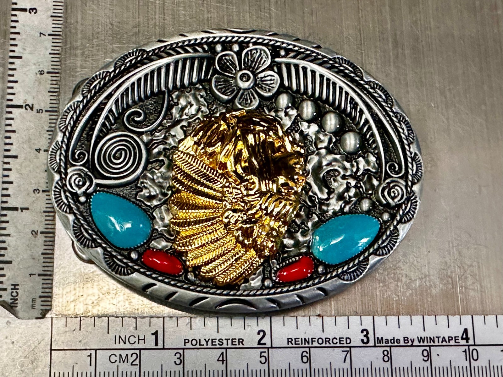 Native American Indian Chief in Head Dress Faux Turquoise & Coral Belt Buckle