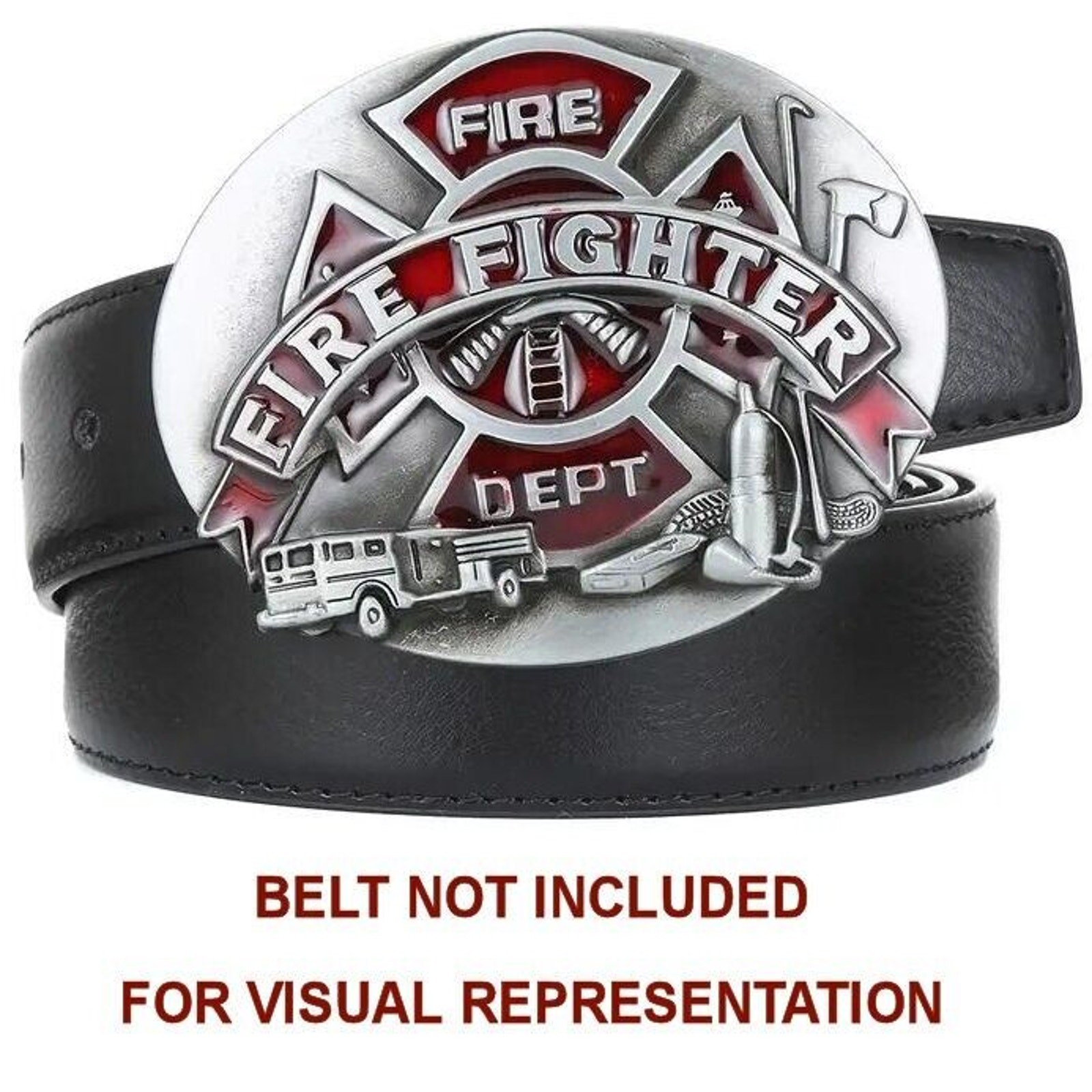 Fire Fighter • Fireman • Fire Department Men&rsquo;s Western Belt Buckle • Red Enamel