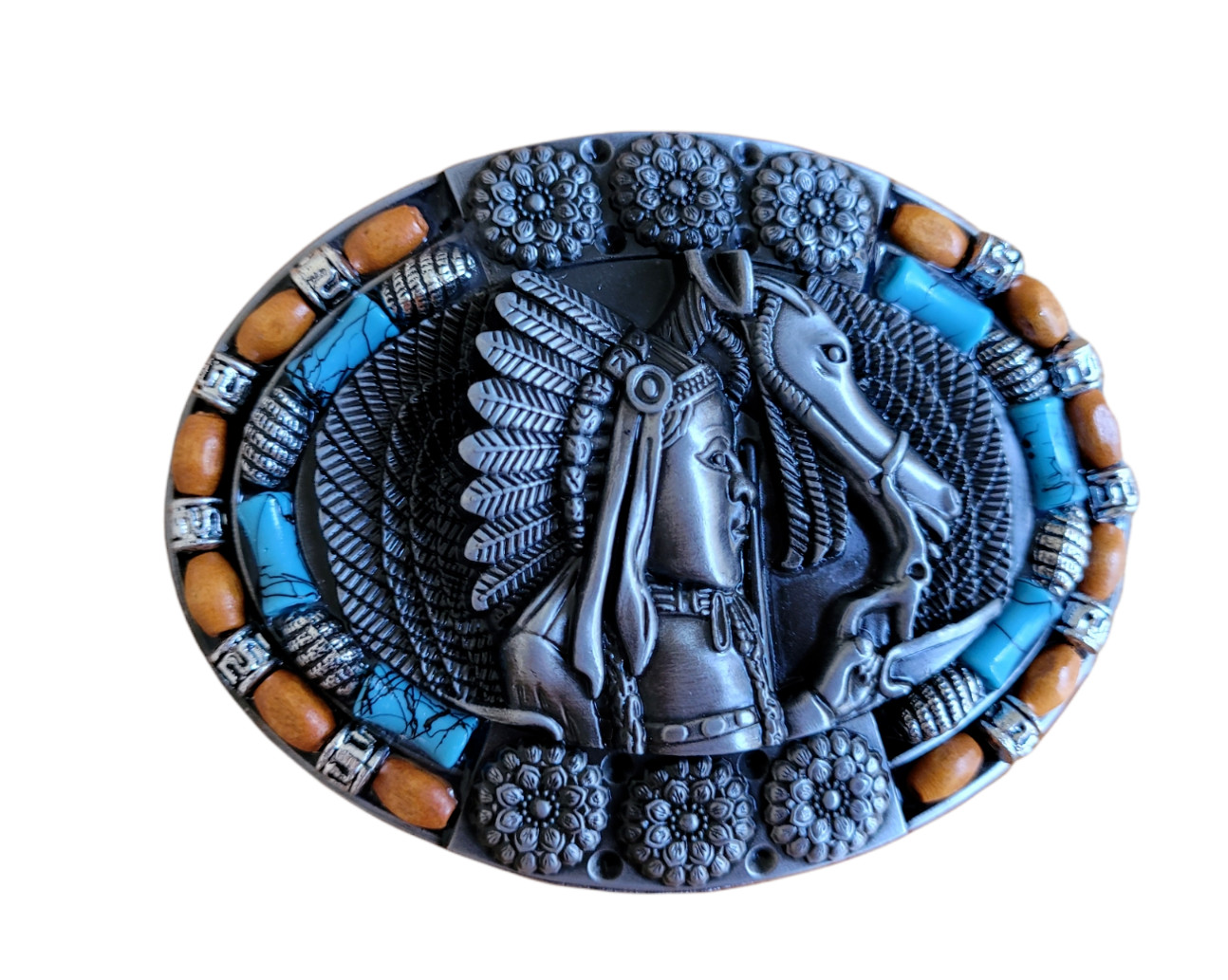 Silver Finish Native American Buckle Western Cowboy Turquoise Stone Belt Buckle