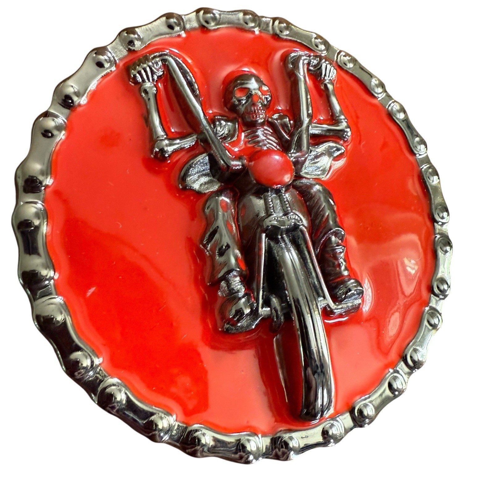 Y2K Biker Motorcycle Belt Buckle Red and Silver Round Maximalism Edgy Grungy