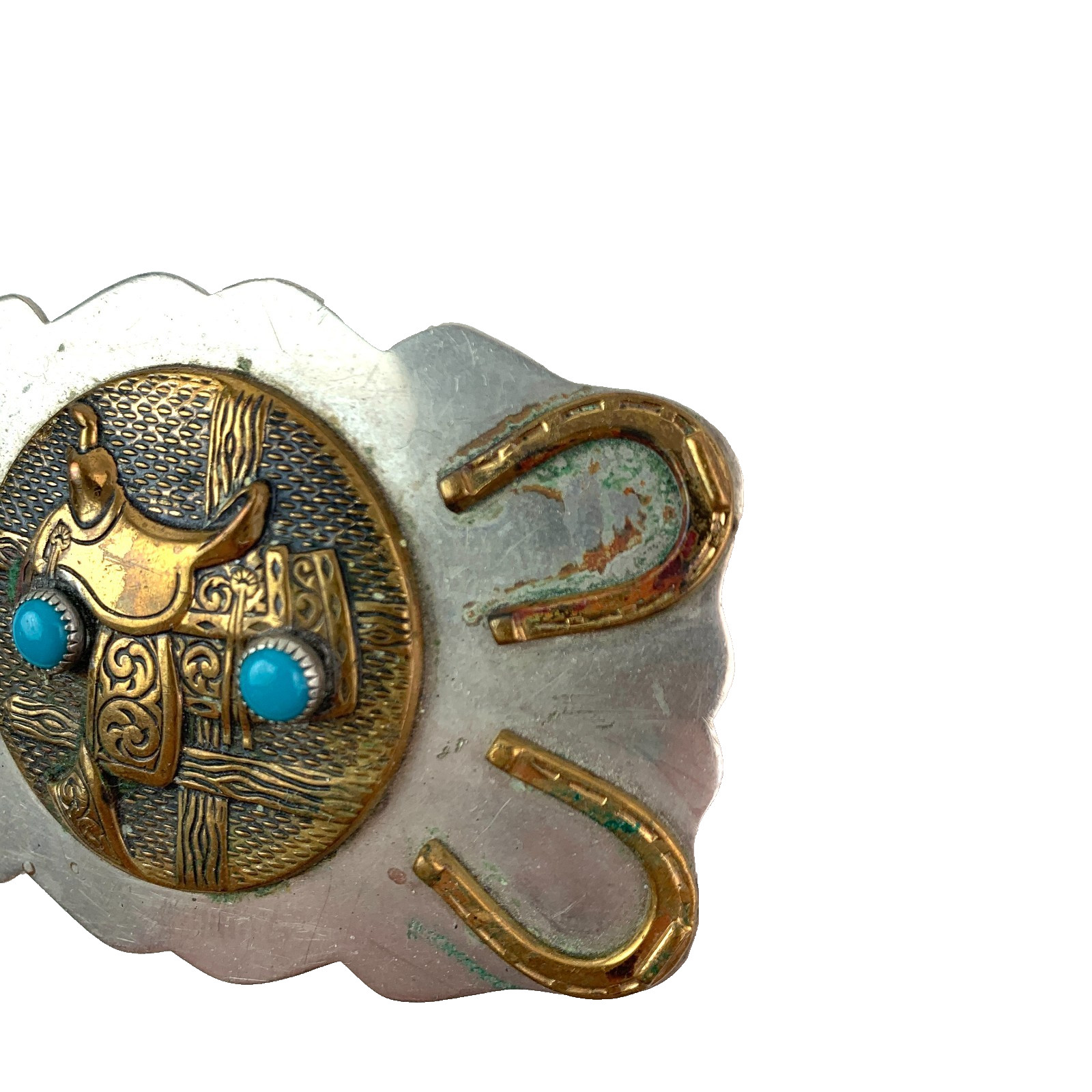 Vintage Nickel Silver Horseshoe Saddle Blue Gem Western Metal Belt Buckle