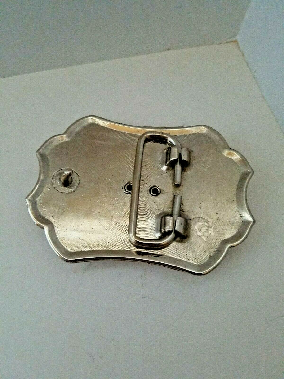 Belt Buckle Silver Tone Brown Polished Stone Flower Etched