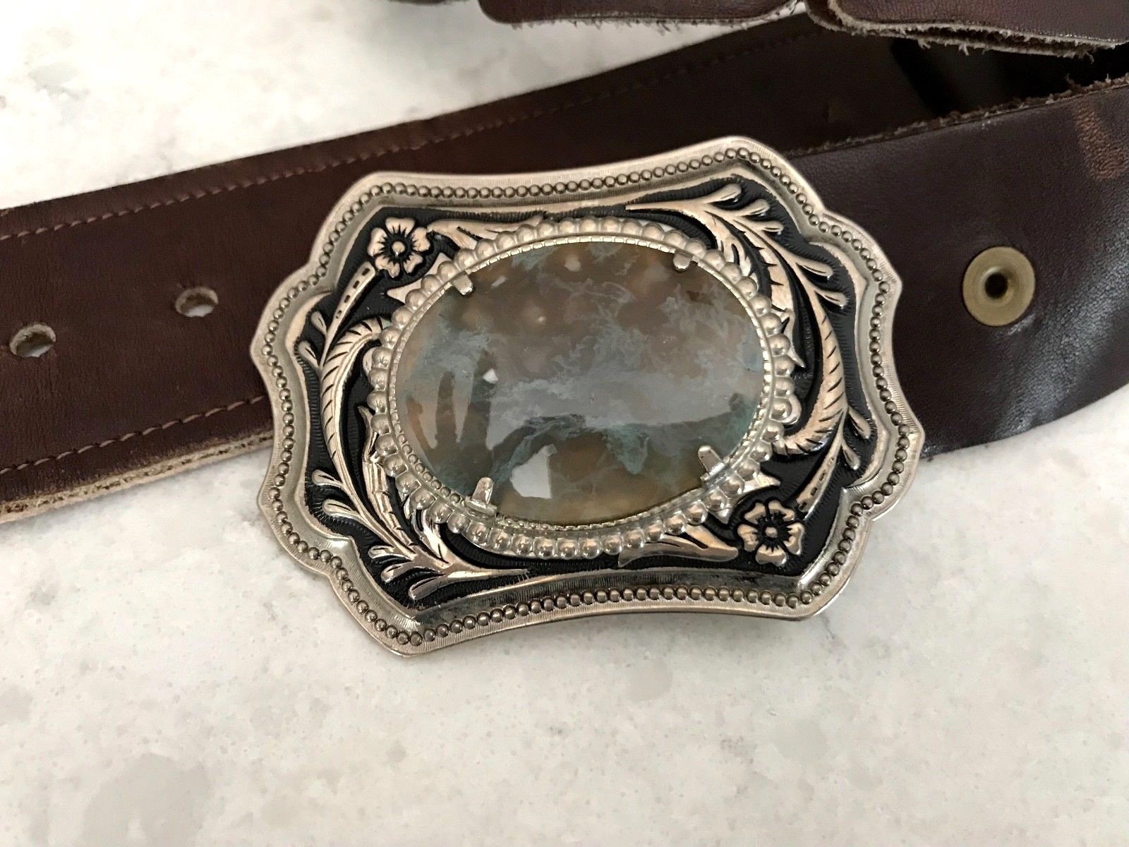 VINTAGE Leather BELT & BUCKLE SILVER tooled BUCKLE large POLISHED Jasper STONE