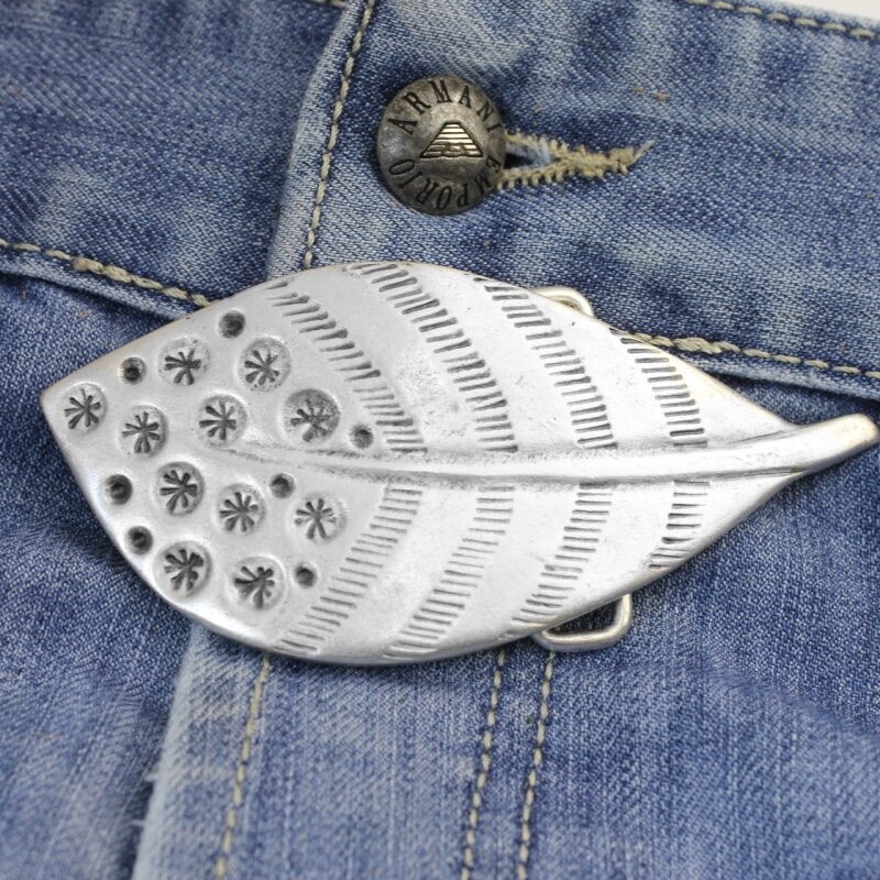 Feather belt buckle, peacock feather removable buckle dark silver-old silver