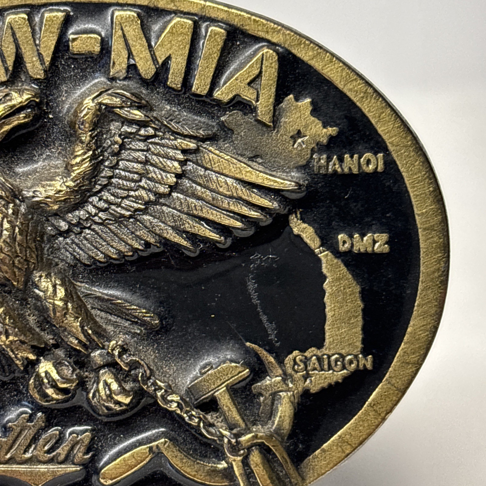 Military Belt Buckle POW MIA Eagle Great American #1822 USA Black Gold Vintage