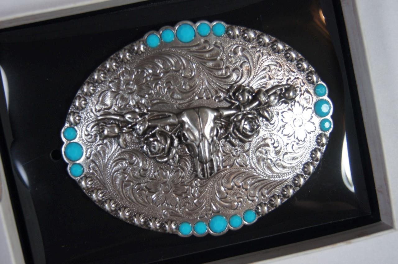 Blazin Roxx Western Oval Longhorn Roses Buckle Silver belt buckle 37959