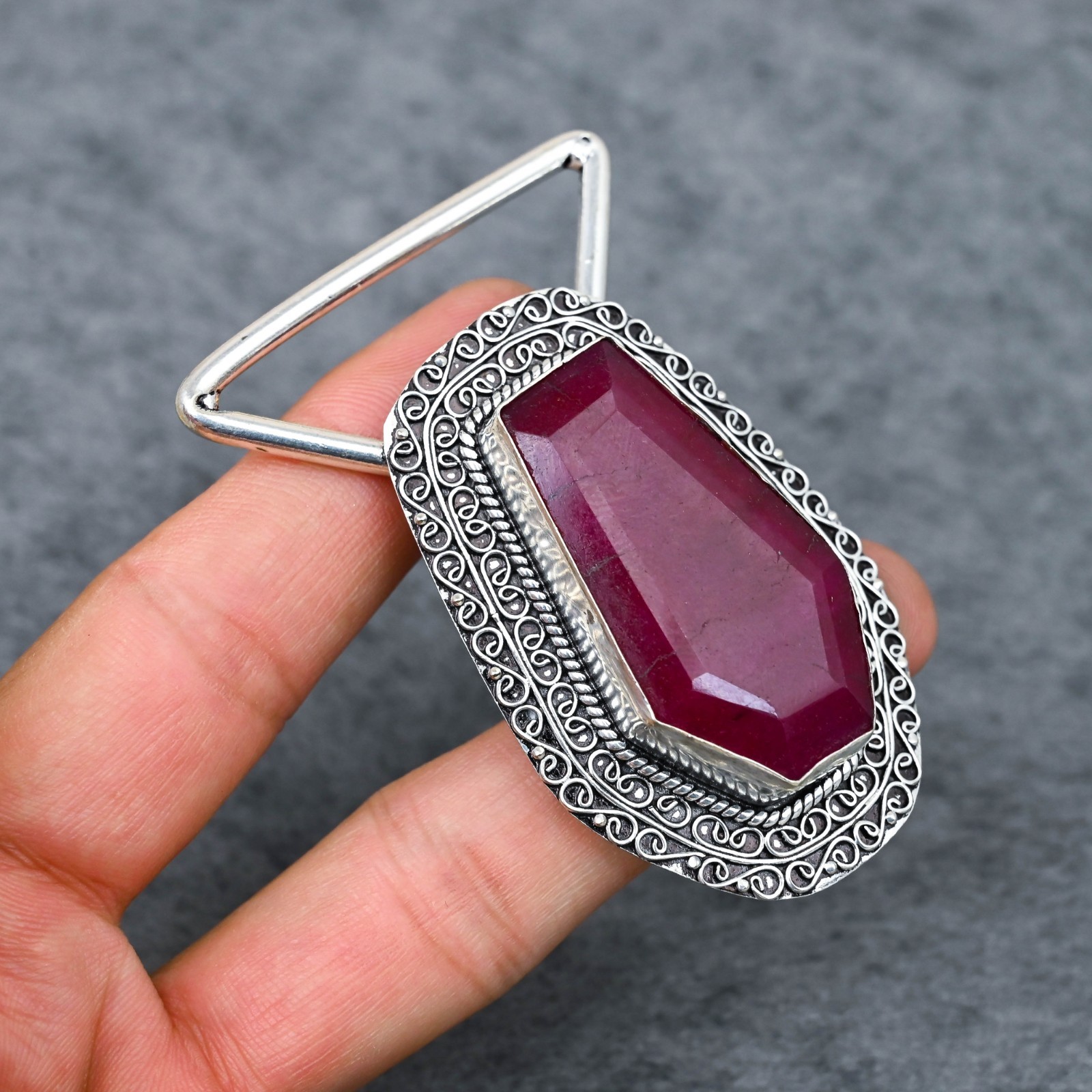 Handcrafted 925 Sterling Silver Natural Ruby Faceted Coffin Cut Belt Buckle