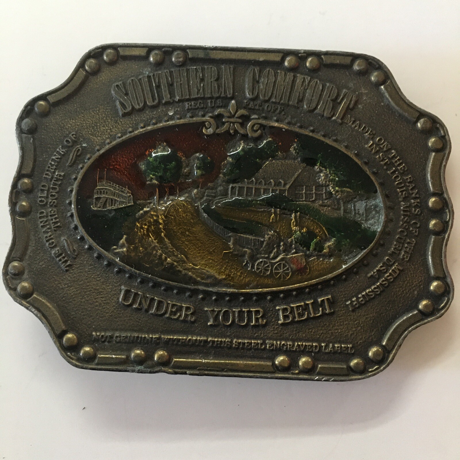 Vintage Enamel Color Southern Comfort Bronze Style Pants Belt Buckle Rare Cowboy