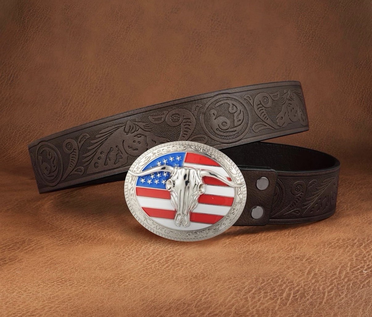 US Flag Western Longhorn Bull Horns Skull Enamel Belt Buckle Western Rodeo