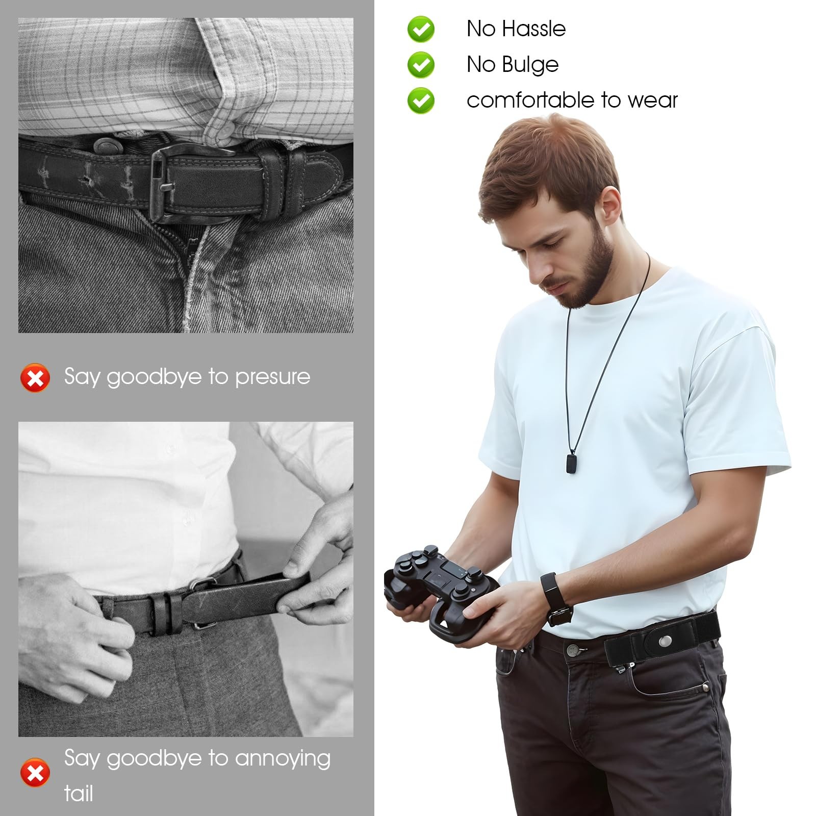 Ptwola 2 Pcs Men Side Belts No Buckle Elastic Belt Without One Size, Black