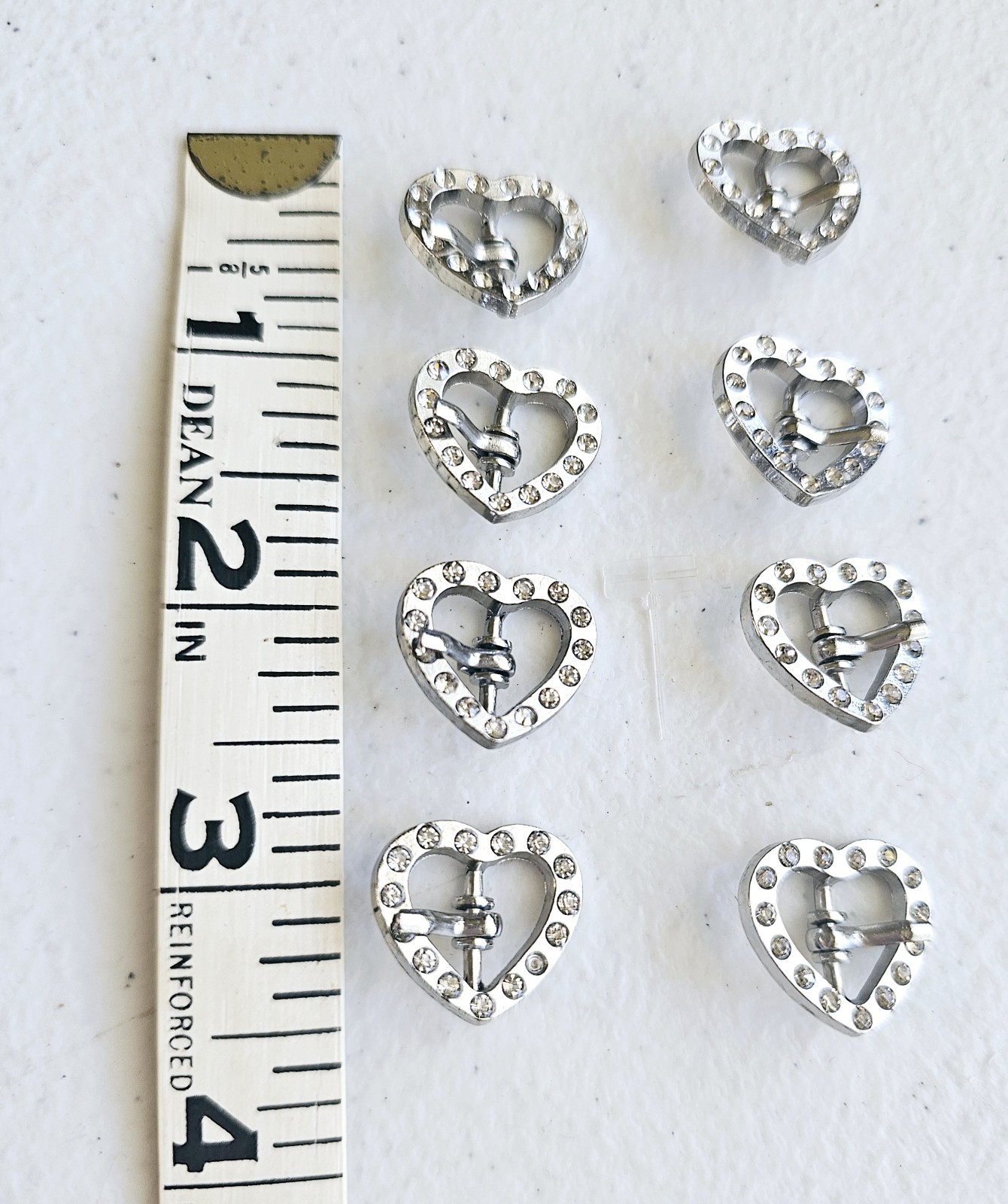 Mini Heart Buckles (8) White Rhinestones On Silvertone