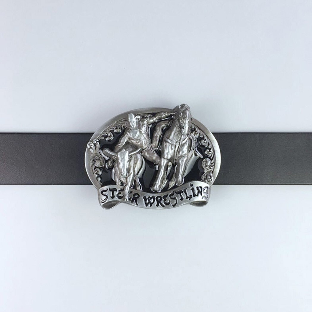 Black Enamel Rodeo Steer Wrestling Western Belt Buckle Boucle de Ceinture
