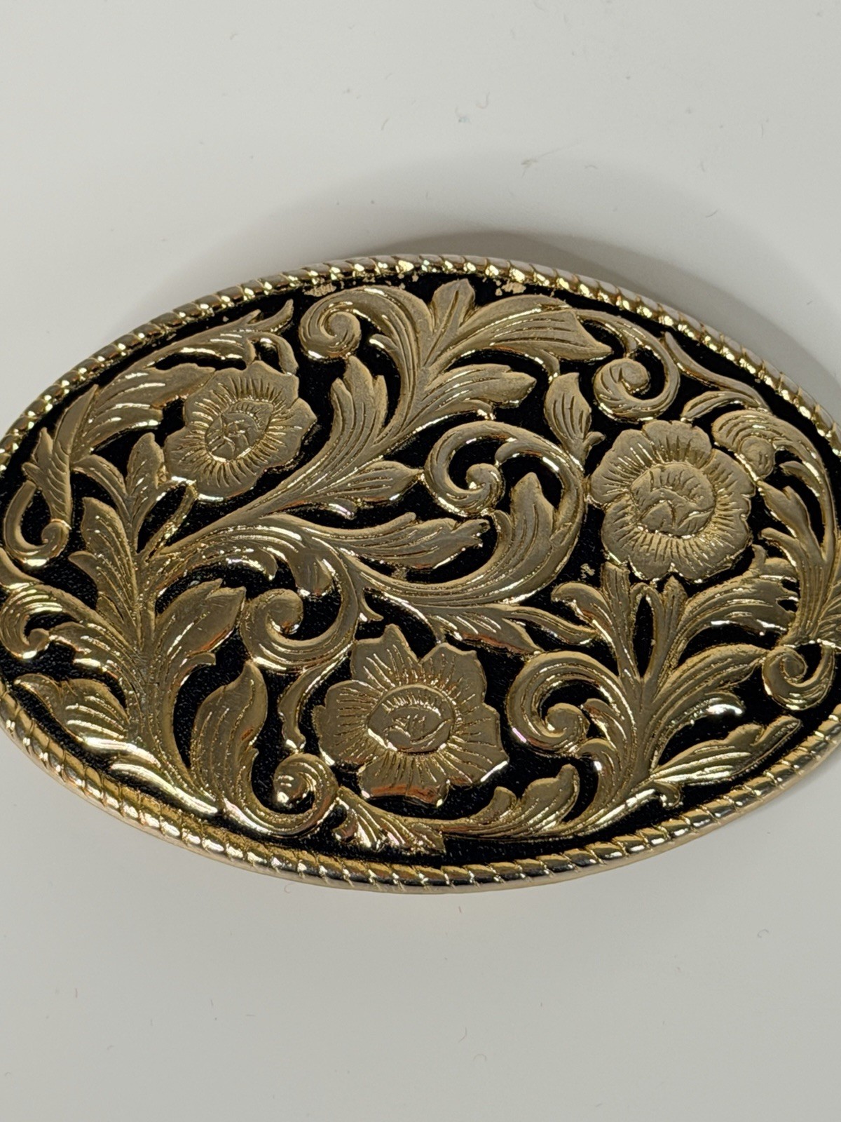Western Plain Floral Belt Buckle Gold and Black Cowboy Cowgirl Rancher Style VTG