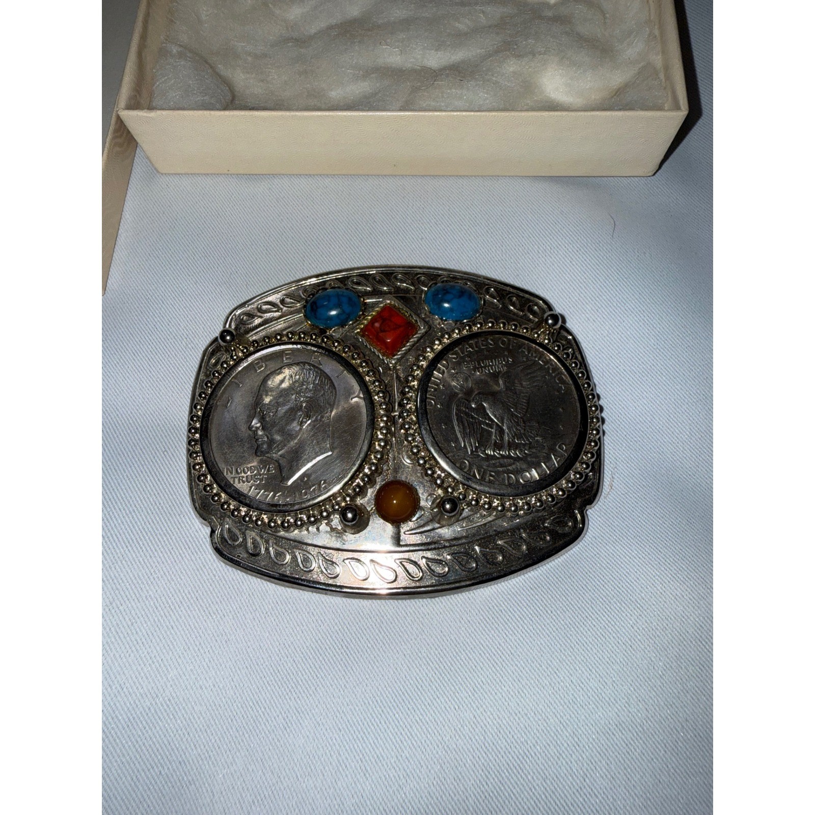 Vintage Bicentennial Eisenhower Silver Dollar Belt Buckle Turquoise Coral Stone
