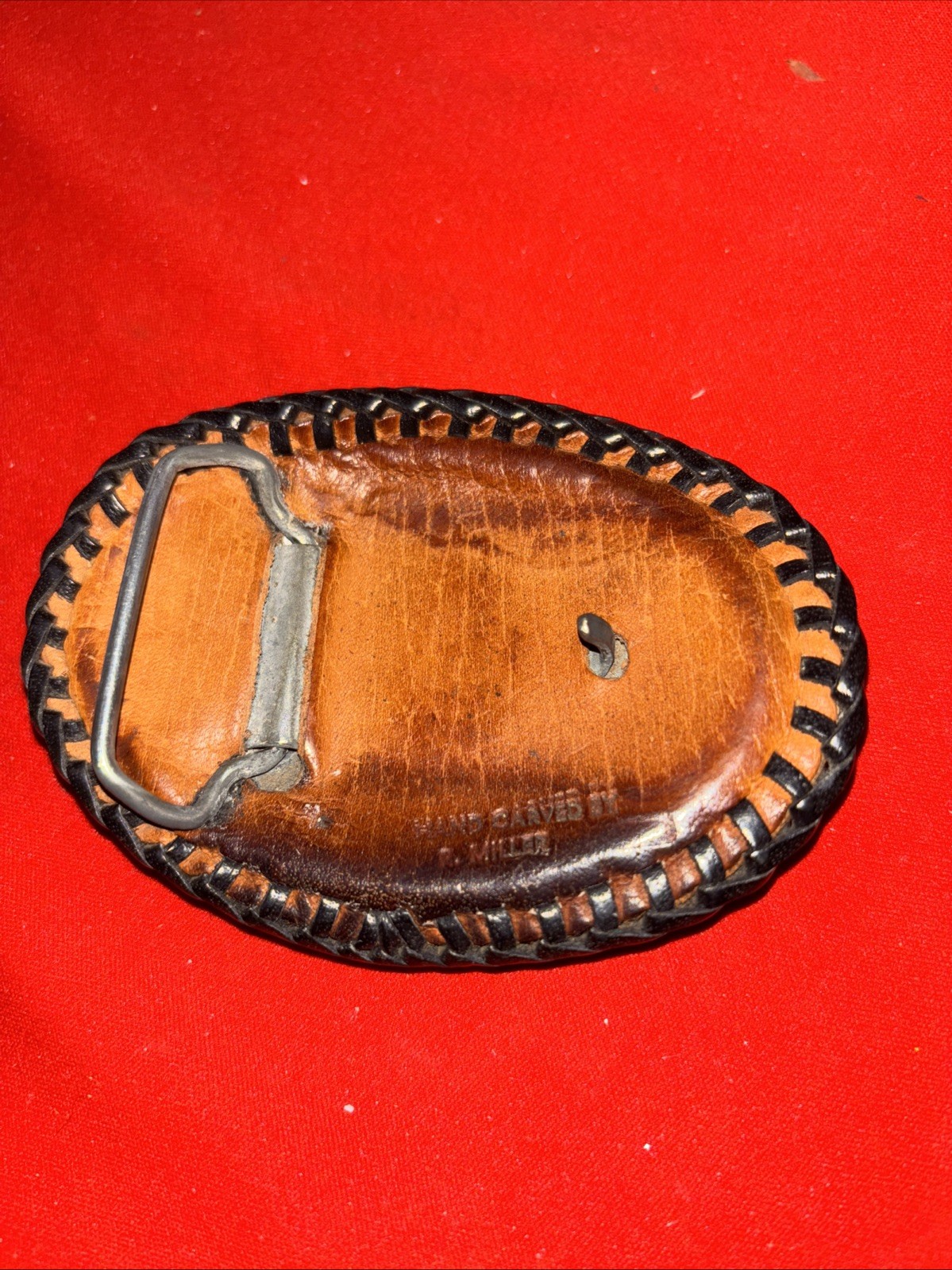 Vintage Handmade Handtooled Leather Belt Buckle By B Miller-Estate Find
