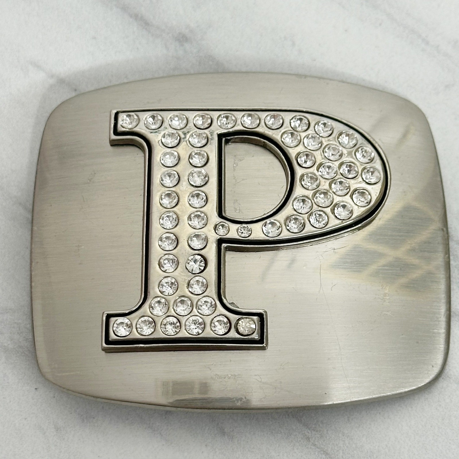 Rhinestone Letter P Monogram Belt Buckle Silver Tone Initial