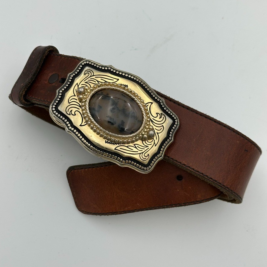 Vintage Gold Tone Western Belt Buckle Natural Polished Stone Center – A-22