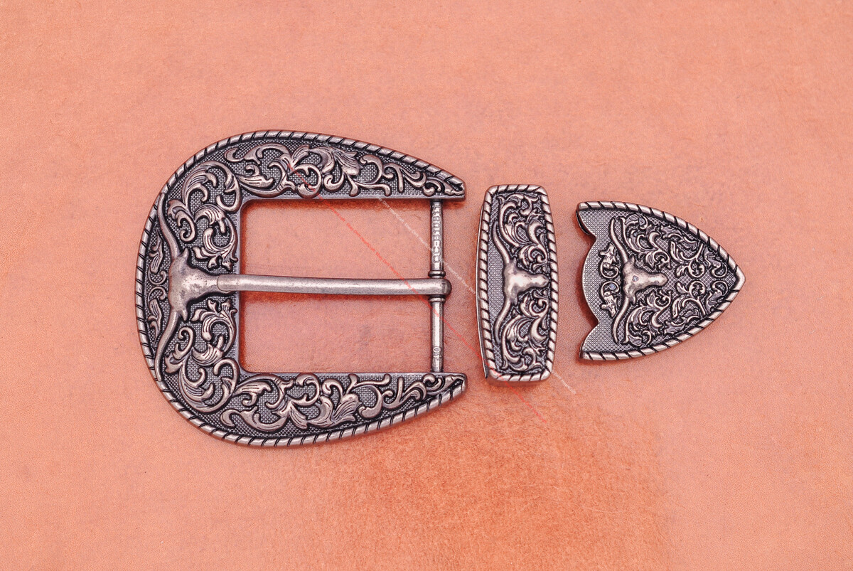 Heavy Duty Western Cowboy Rodeo Longhorn Bull Leathercraft Belt Buckle 3 Pcs Set