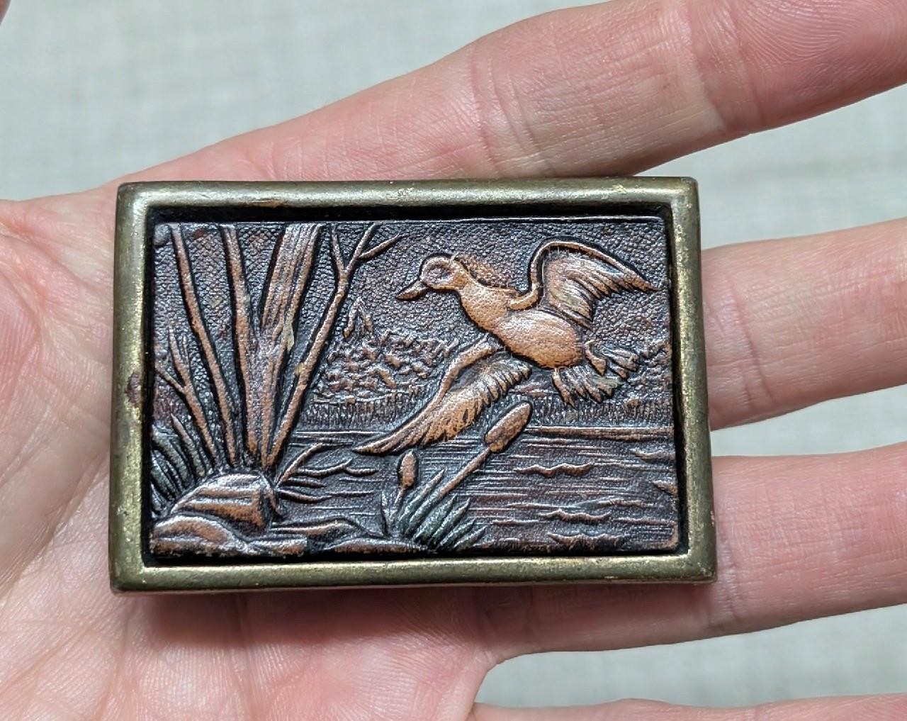 1970s vintage TOOLED belt buckle HANDCRAFTED leather DUCKS hunting WESTERN brass