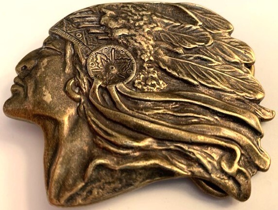 Vintage Southwestern Solid Brass Native American Headdress BELT BUCKLE 3&Prime; x 2.5&Prime;