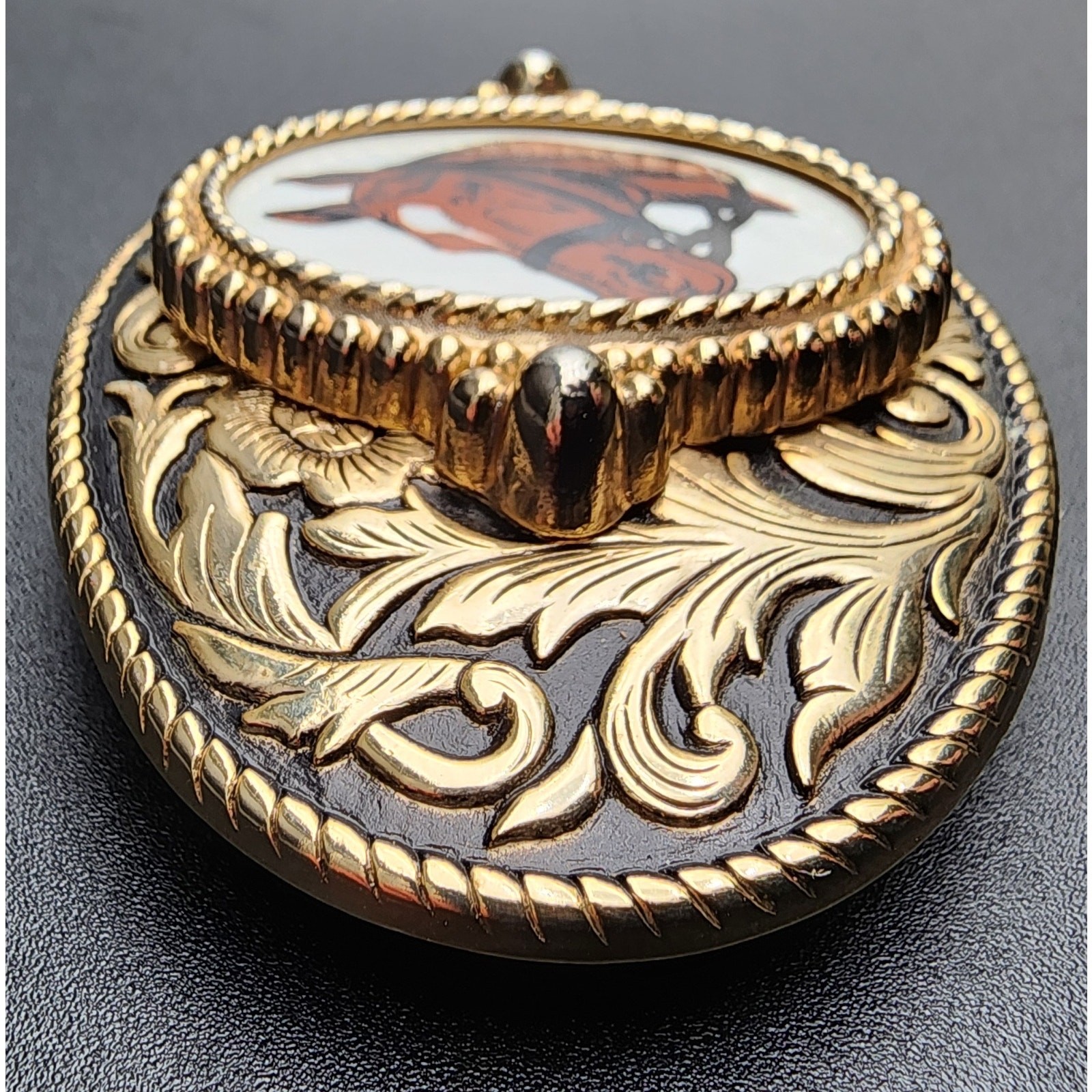 Vintage Brass Horse Head Belt Buckle with Porcelain Cameo 3.25&Prime; Western