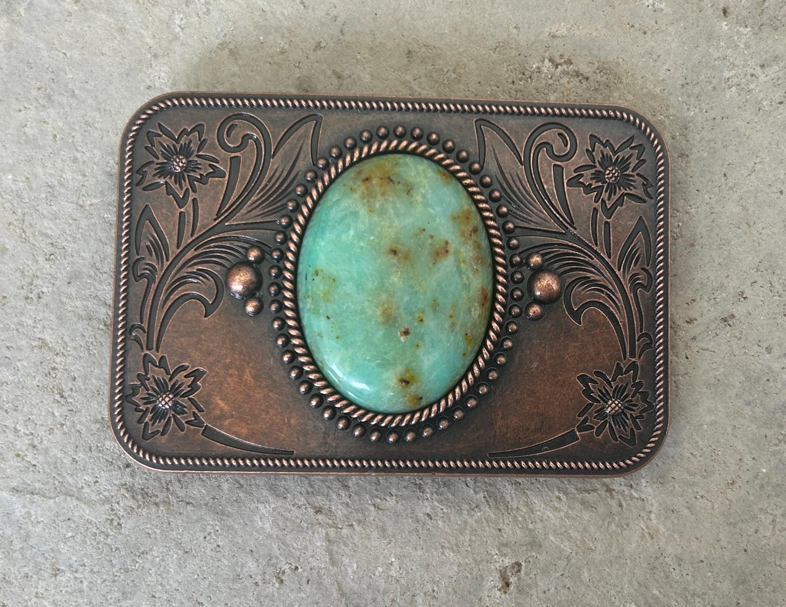 Copper Turquoise Western Belt Buckle Engraved Bronze Flower Cowboy Style