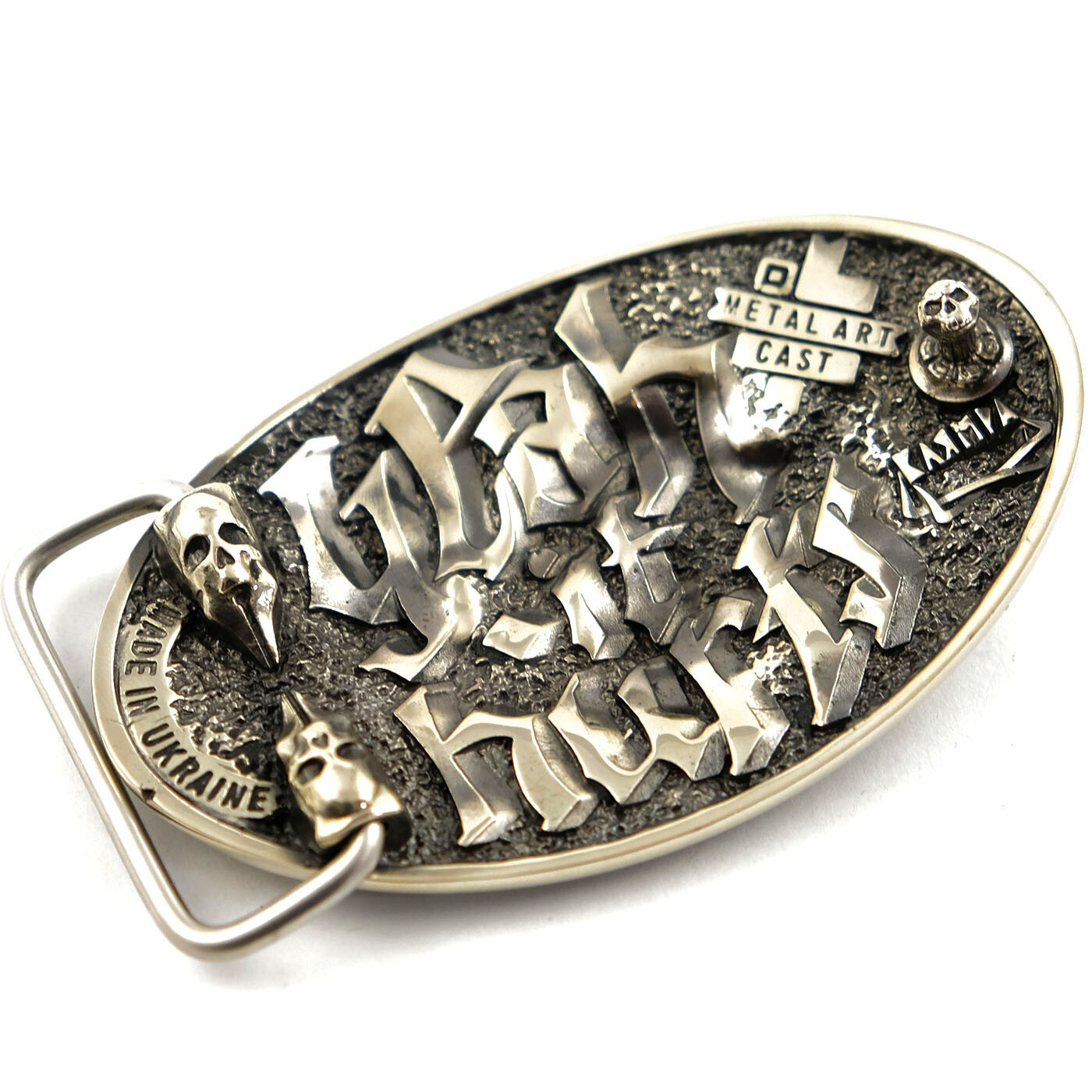 German silver belt buckle tattooist with skull, Tattoo machine, Skull buckle