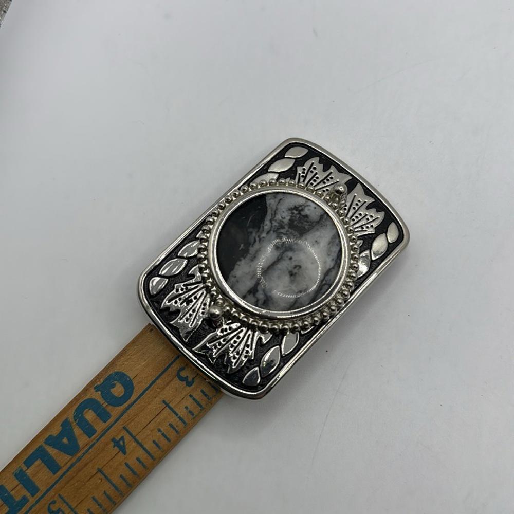 Vintage Silver Tone Black Belt Buckle Marble Stone Design Western Engraved