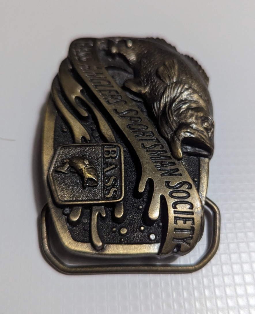 Bass Anglers Sportsman Society Brass Belt Buckle Antique Brass Color 1980s