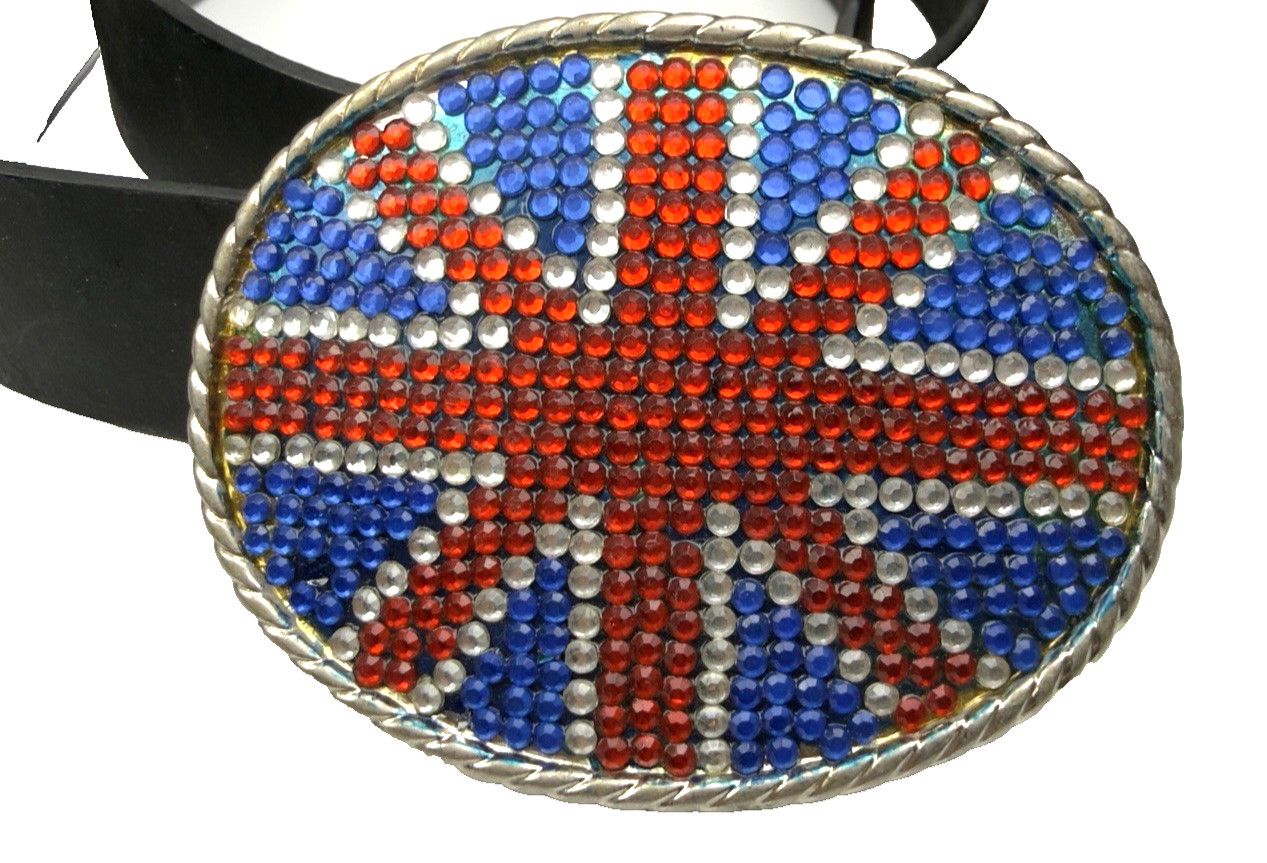 British Union Jack England 36&Prime; Belt Flag Red Blue White Rhinestone Buckle