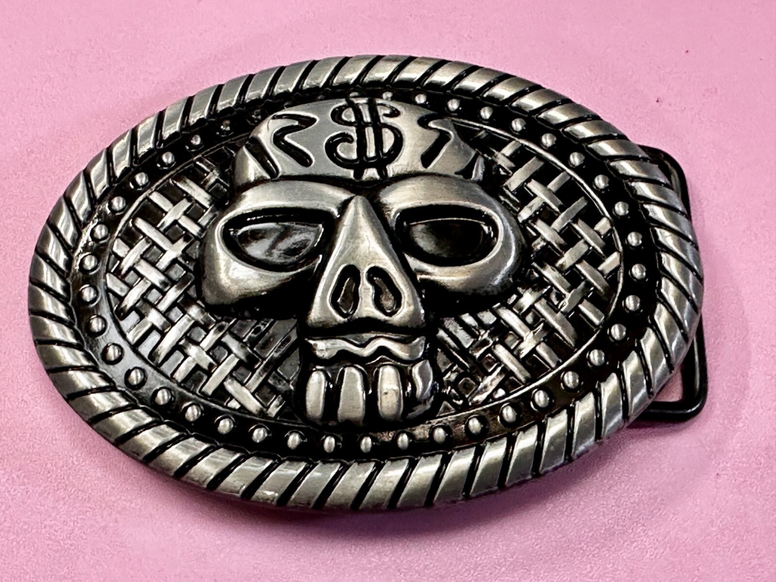 Skull Head $ Dollar Sign Black Silver Color Money Bags NOS Belt Buckle