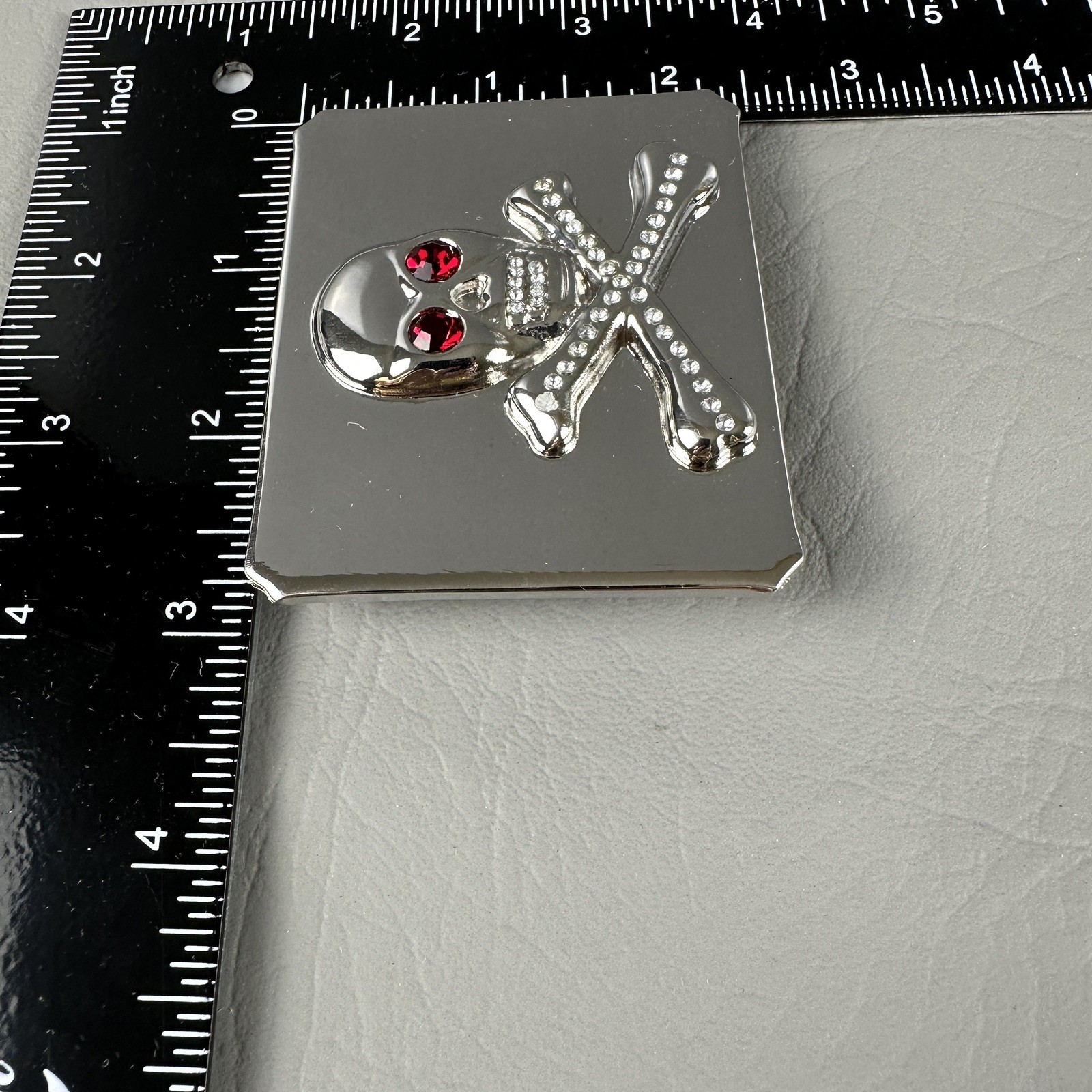 Skull Crossbones Belt Buckle Rhinestone Silver Tone Red Eyes Pirate Goth