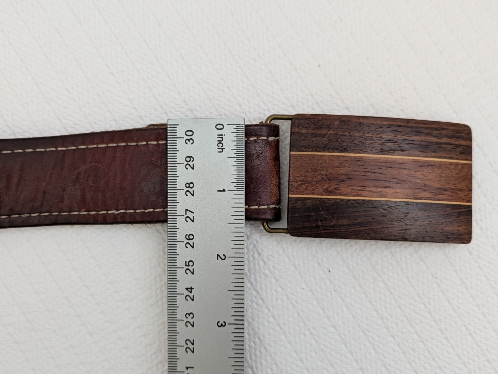 VTG Ampersand Brass Mixed Wood Belt Buckle Kalamazoo Michigan 1.5&Prime; Leather Strap
