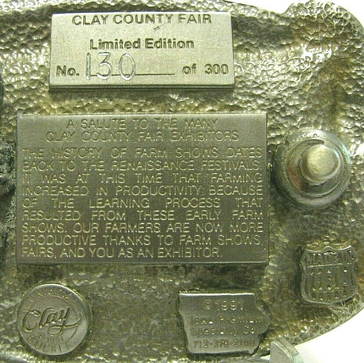 Clay County Fair Spencer Iowa Tractor Combine 1991 Belt Buckle Limit Ed 130/300