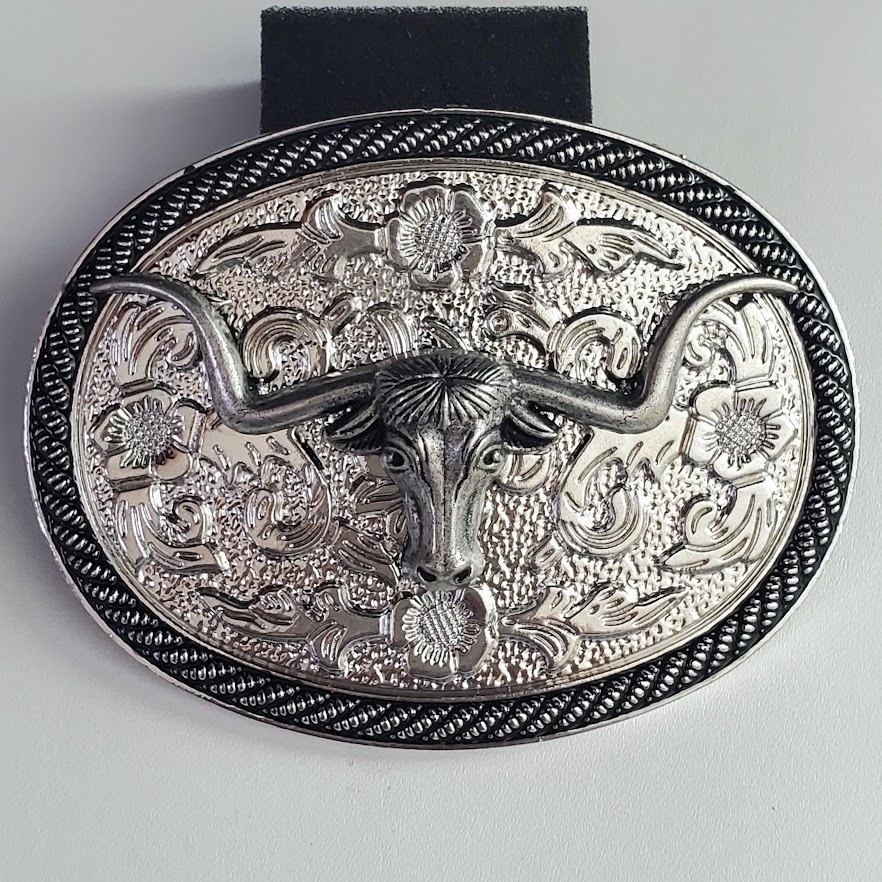 Western Longhorn Steer Belt Buckle Silver Tone Oval Engraved Floral Cowboy Rodeo