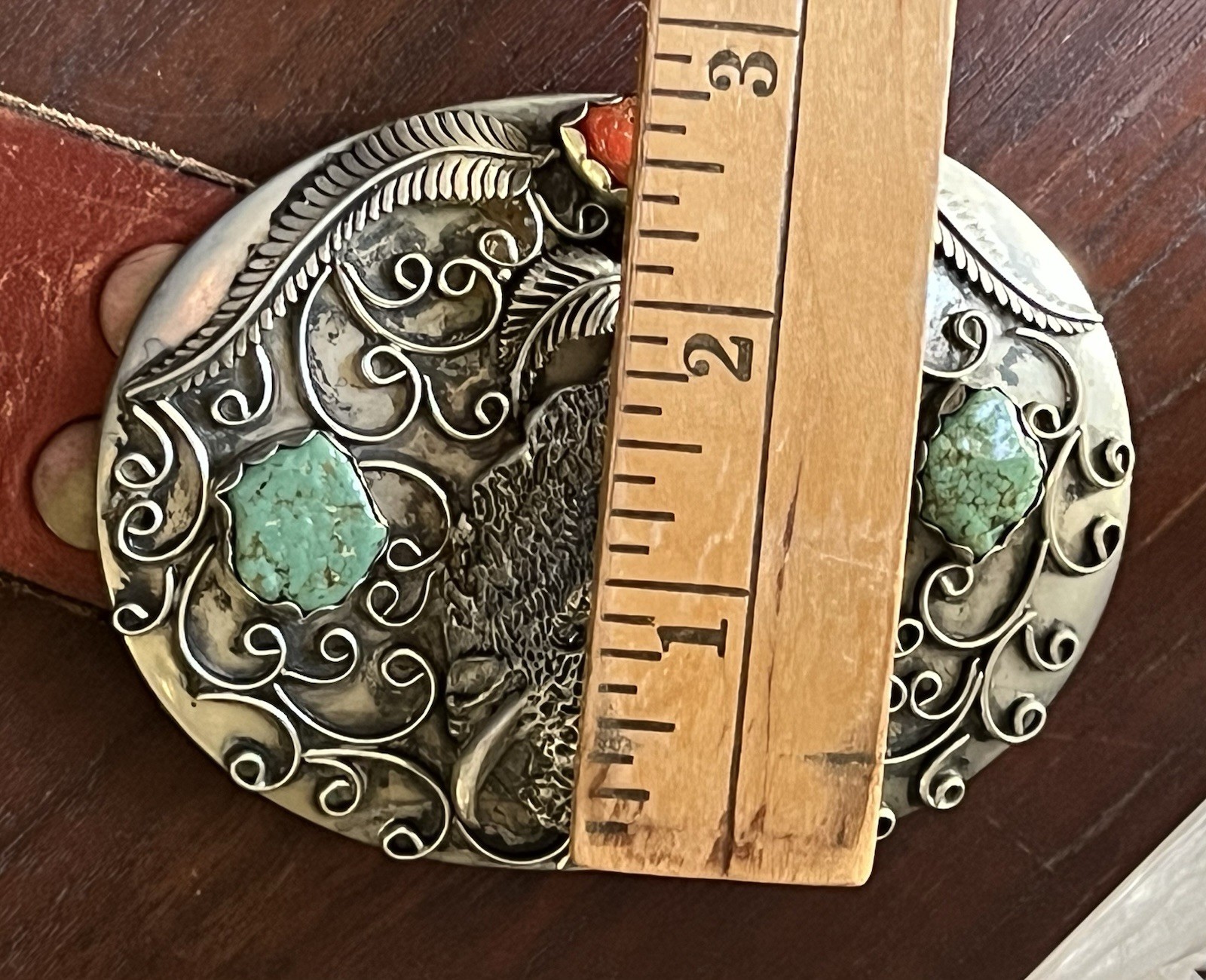 Vintage Sterling Signed Gomez Belt Buckle – Buffalo Turquoise/Coral