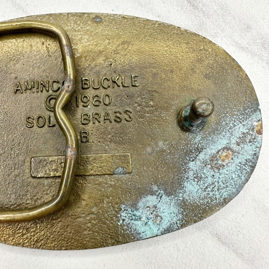 Vintage Aminco 1980 Solid Brass Deer Belt Buckle Red Black Enamel Oval Laurel