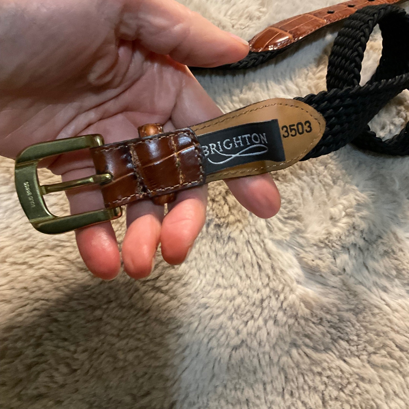 Brighton Belt Size 36 Brown Croc Leather Black Woven Middle Solid Brass Buckle