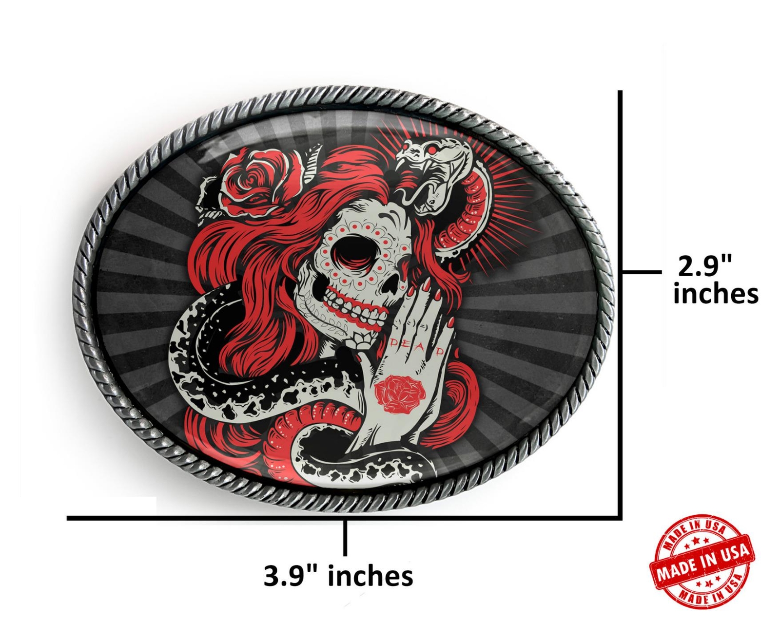 Sugar Skull Snake Belt Buckle – Day of the Dead Handmade Tattoo Buckle – 814