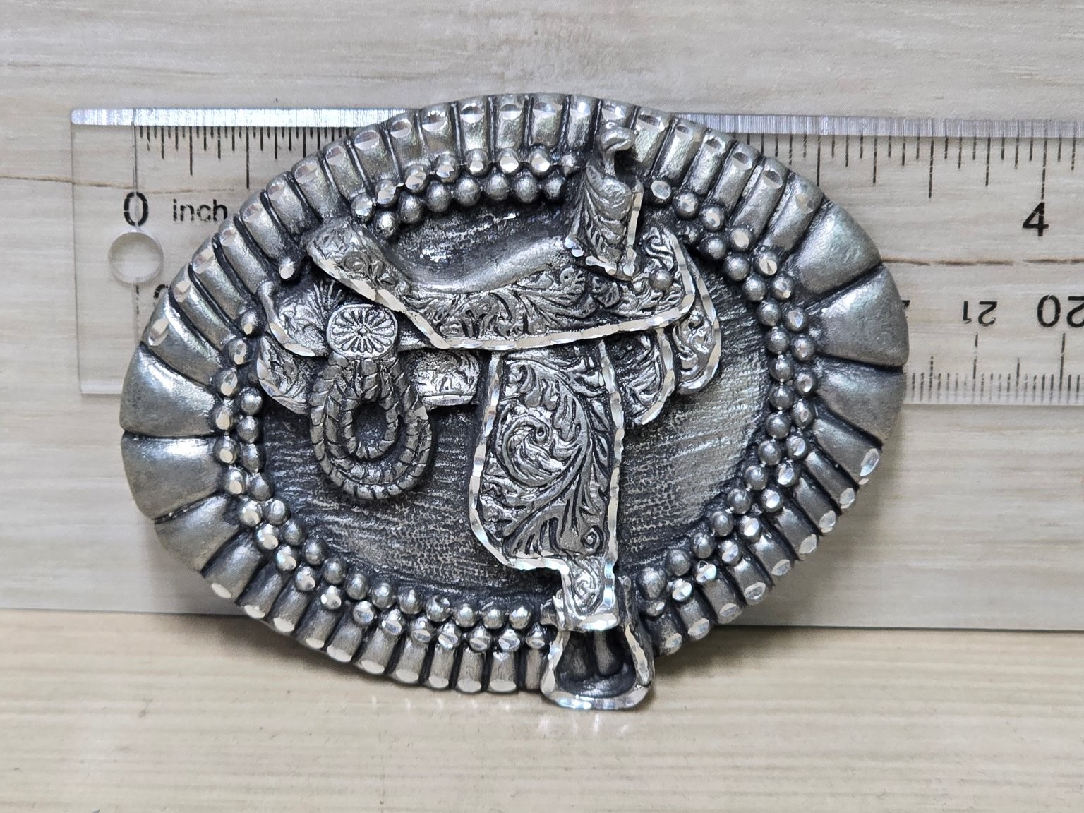 Vintage EGE Belt Buckle Silver Tone Western Saddle Engraved 3.5&Prime; Made in USA