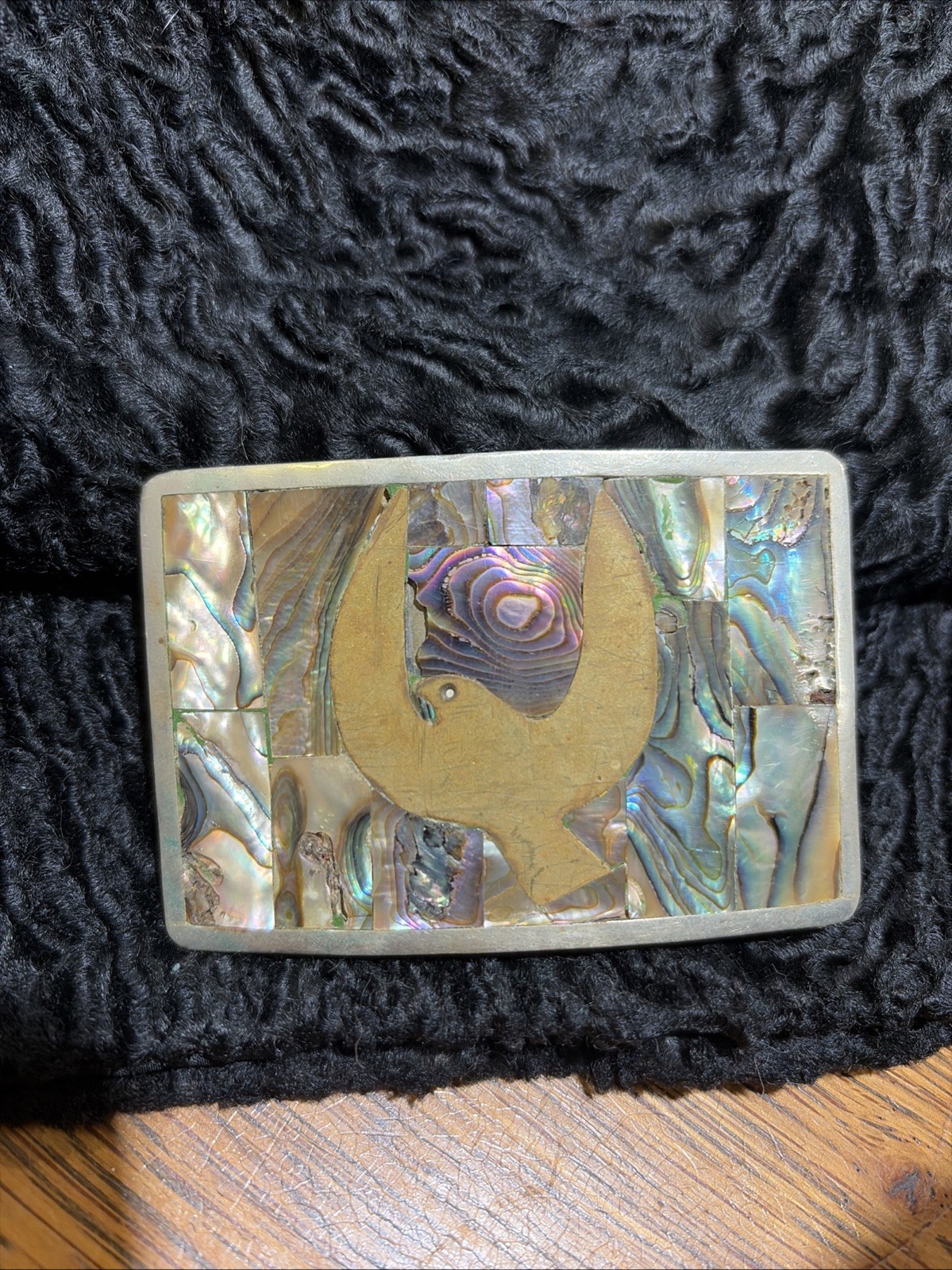 VINTAGE Belt Buckle Abalone/Brass/Silver Peace Dove ALPACA Mexico~ 3.5” X 2.5”