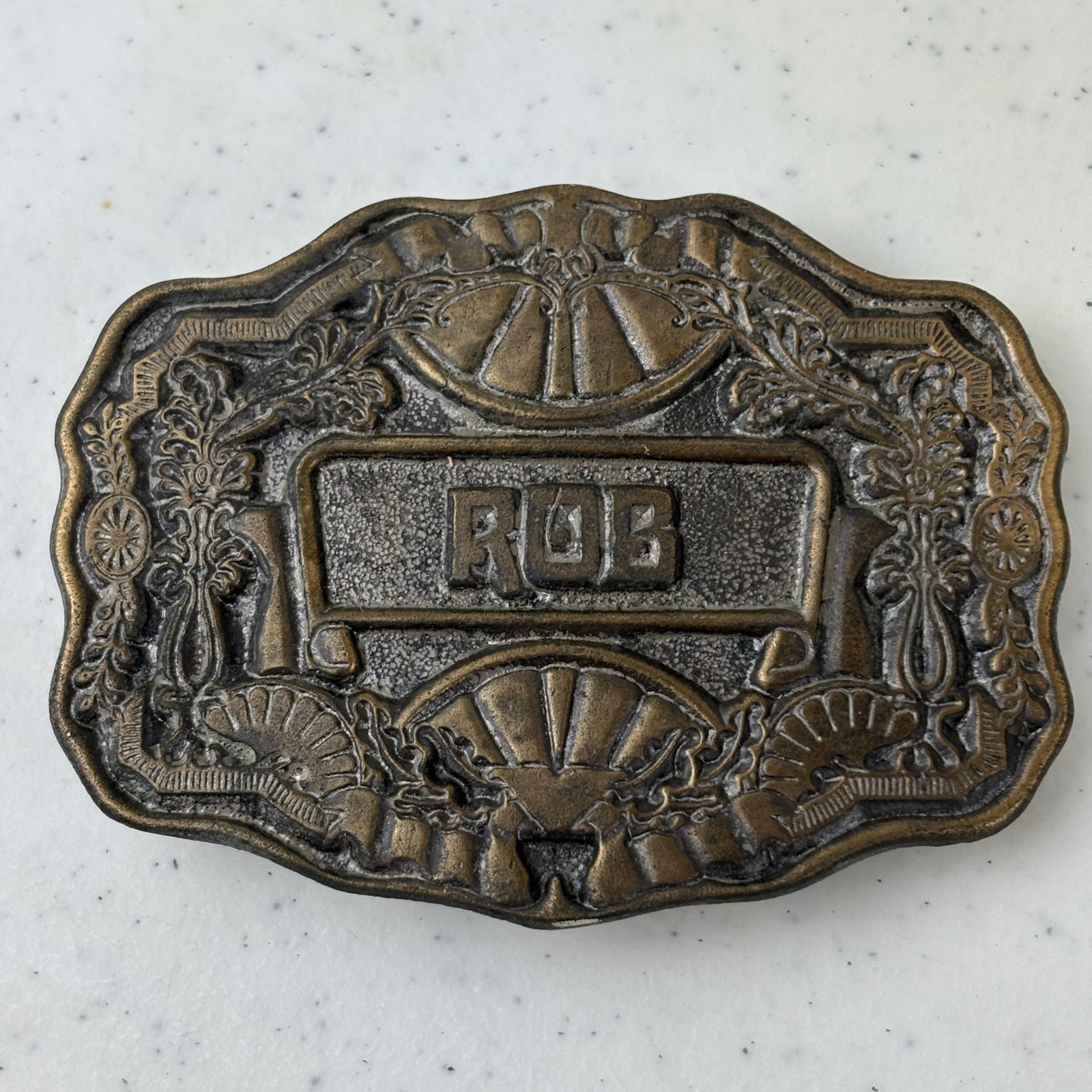 Vintage Oden Inc Brass Belt Buckle &lsquo;Rob&rsquo; Name Western Scalloped Ornate Antique