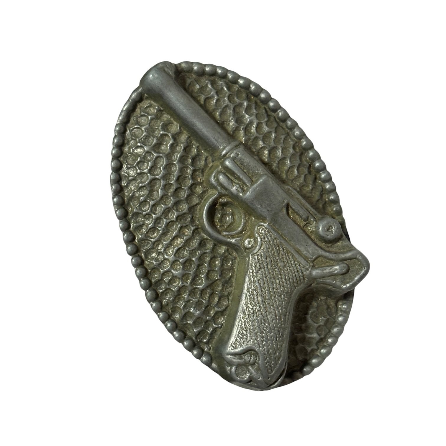 Belt Buckle Antiqued Silver Tone Pistol Gun Luger Design Metal Western