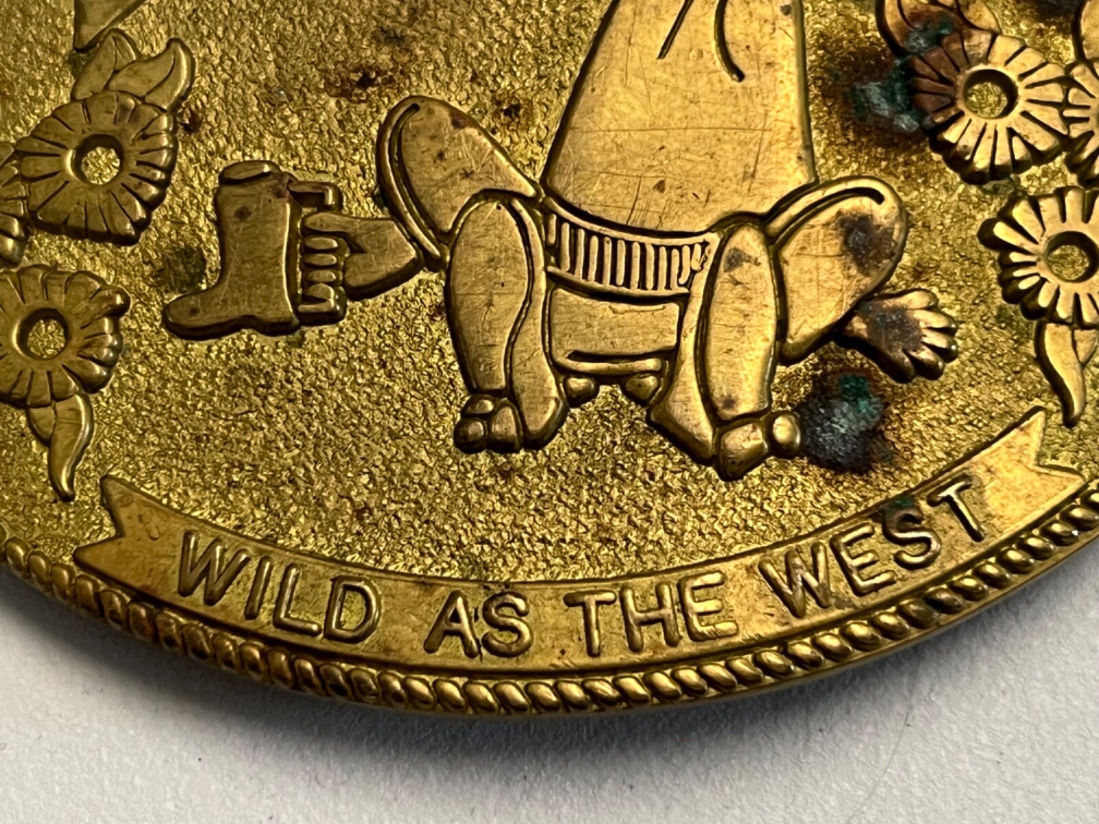 Vintage Belt Buckle BIGFOOT&rsquo;S Wild as the WEST Cowboy Hat Brass 70s Trucker OOP