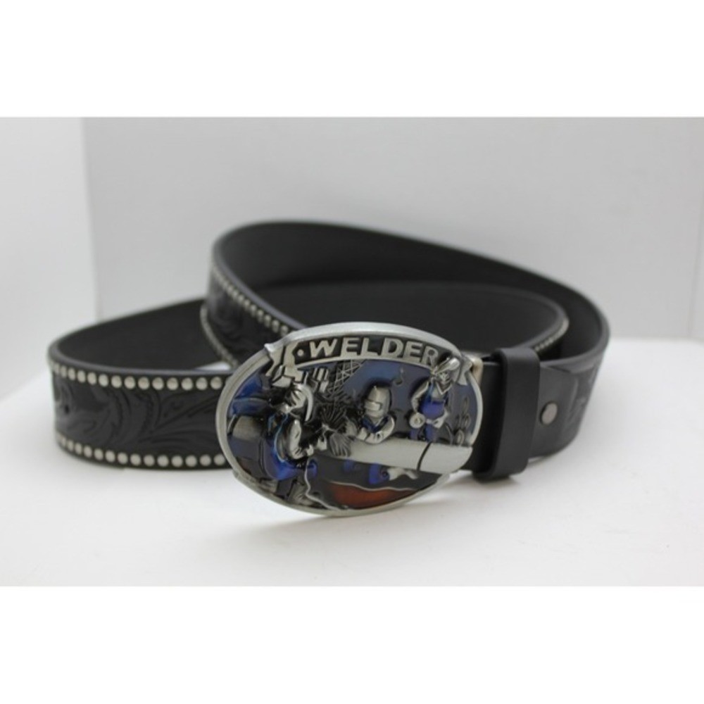 Welder Belt Buckle with Black Studded Floral Embossed Western Strap Mens