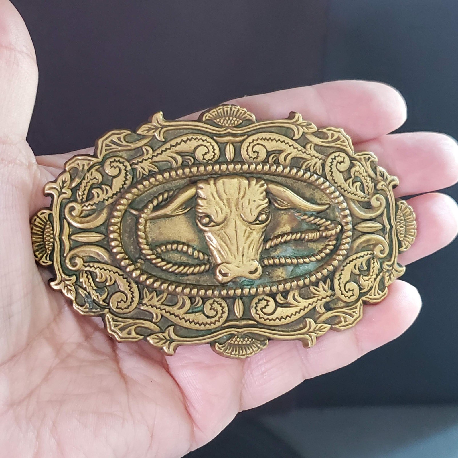 Vintage 1982 Baron Buckles Solid Brass Bull Head Belt Buckle Ornate Rancher