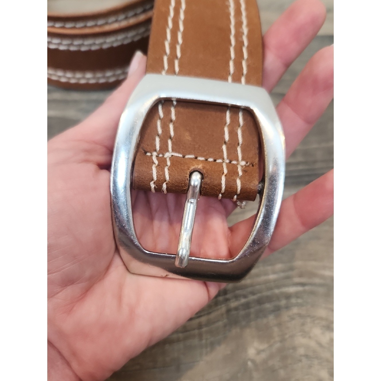 Men&rsquo;s Brown Leather Casual Belt with Silver Buckle Size XXL