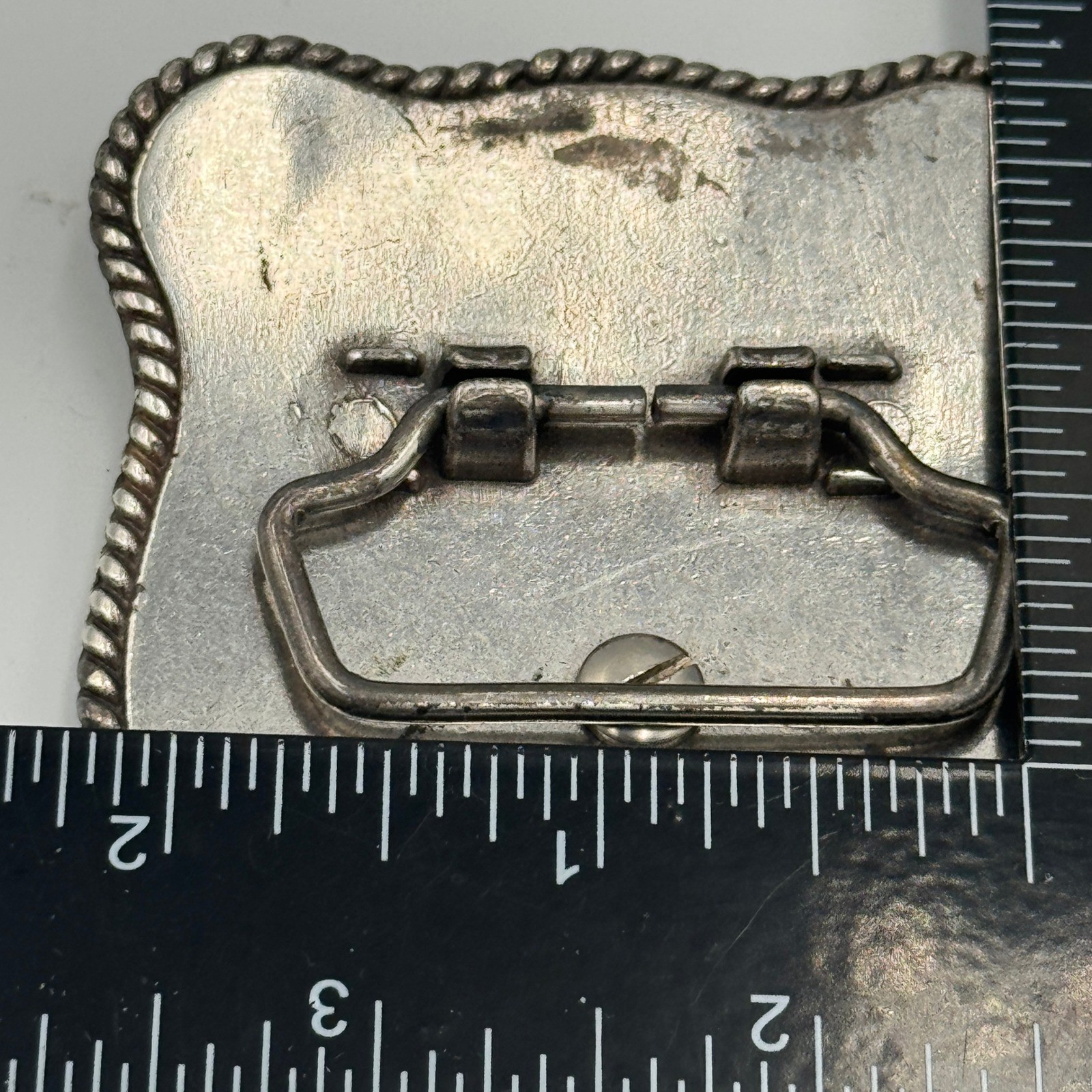 Western Horse Belt Buckle Silver Tone Floral Engraved Rhinestone Border Rodeo